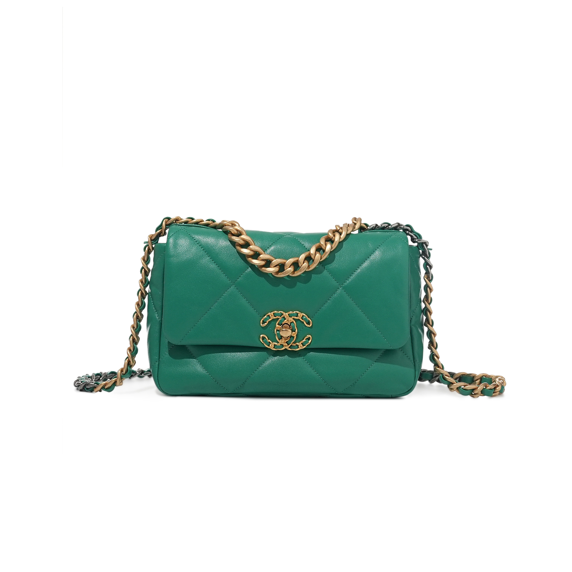 CHANEL GREEN QUILTED LAMBSKIN CHANEL 19 FLAP GOLD AND RUTHENIUM HARDWARE AS1160 (26*16*9cm)